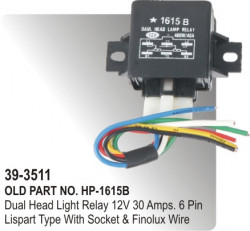 Head Light Relay Electronic 12 Volt 30 Amps. 6 Pin Lispart Type With Socket & Finolux Wire (HP-39-3511)