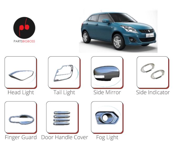 Alpine Premium Chrome Accessories Combo Kit Swift Dzire Type LDI (Set Of 7) for Suzuki Swift Dzire | Parts Big